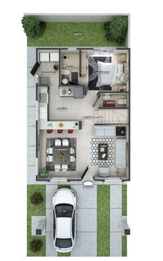 an overhead view of a two bedroom house with a car parked in the driveway next to it