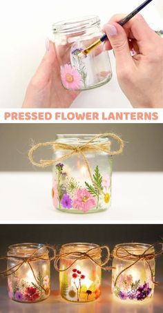 three different jars with flowers painted on them, one is filled with water and the other has