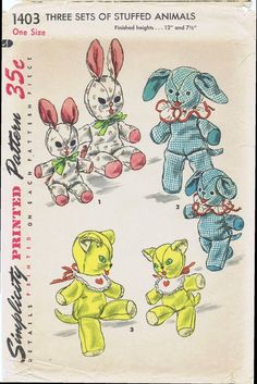 an old children's sewing book with four stuffed animals in different colors and sizes