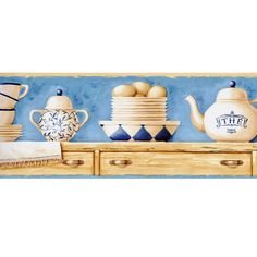 a painting of teapots, cups and other items on a shelf with a blue background