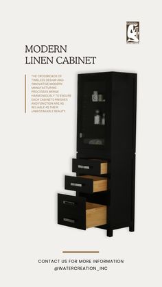 an advertisement for modern linen cabinet with drawers in black and natural wood, designed by water creation inc