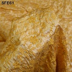 Pure Tussar Silk Embroidered Fabric by the yard Indian Embroidery Raw Wild Natural Handmade Silk Fabric Peace Silk | Tussah Silk | Raw Silk  Matching Plain Base Fabric is available. ➤Material: Pure Tussar Silk 70gsm ➤ Color: Mustard Yellow Embroidery on Honey Yellow Pure Tussar Silk Fabric. ➤ Width: 44 Inches ➤ Code: sfe61 ➤ Listing for 1 yard of fabric.  This is a 100% tussar silk. It is hand reeled and handwoven. The beautiful texture of the fabric uneven ridges and imperfect weaving makes it super special, and its shines gets softer while remaining strong and resilient throughout its life. You can use this fabric for clothing, kurta's, crafty projects, patchwork, blouses, dresses, lampshades etc. Wash & Care/Fabric Handling Instructions: ➤Do not wash ➤Iron at Medium Heat ➤No Steam Iron Traditional Gold Machine Embroidered Fabric, Traditional Gold Embroidered Fabric With Machine Embroidery, Yellow Anarkali Embroidered Fabric With Floral Details, Yellow Anarkali Fabric With Floral Embroidery, Yellow Embroidered Fabric With Chikankari For Eid, Yellow Chikankari Embroidered Fabric For Eid, Gold Anarkali Chikankari Embroidered Fabric, Gold Chikankari Embroidered Fabric For Festivals, Yellow Embroidery