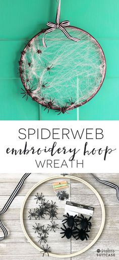 spiderweb embroidery hoop wreath with text overlay that says, spiderweb embroidery hoop wreath