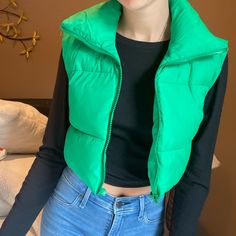 Green Cropped Puffer Vest Comes In Many Sizes Very Cute And Comfy Puffer Vest Green Vest Outfit, Cropped Puffer Vest, Perfect Fall Outfit, Winter Puffer Jackets, Womens Puffer Vest, Stylish Wardrobe, Music Festival Outfit, Puffy Coat, Puffy Vest