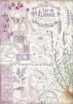 an old fashioned paper with flowers and words on the front, in purples and greens