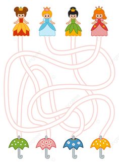 a maze game with princesses and umbrellas for children to find the right way