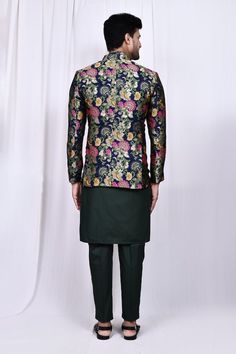 Green jacket floral jacquard print. Paired with matching kurta and pant. - Aza Fashions Festive Long Sleeve Bandhgala With Floral Print, Formal Suits With Printed Motifs And Long Sleeves, Festive Fitted Suit With Printed Motifs, Fitted Floral Print Bandhgala For Festive Occasions, Festive Floral Print Fitted Bandhgala, Festive Fitted Floral Print Bandhgala, Unstitched Brocade Nehru Jacket For Festivals, Traditional Nehru Jacket With Floral Print For Designer Wear, Traditional Floral Print Formal Set