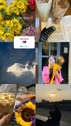 a collage of photos with sunflowers and flowers