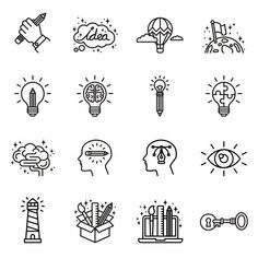 black and white icons depicting different types of lightbulbs, bulbs, and other things