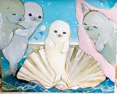 a painting of three sea animals on a blue background with seashells in the foreground