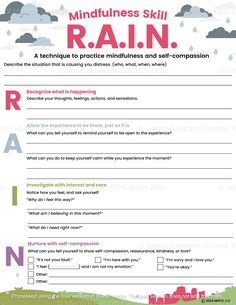 RAIN DBT Skill Worksheet – Mental Health Center Kids Calm Corner For Adults, Self Compassion Worksheet, Dbt Skills Worksheets Free Printable, Therapy Activity For Teens, Rain Technique, Practicing Acceptance, Self Awareness Worksheets, Compassion Affirmations, Thoughts Feelings Actions