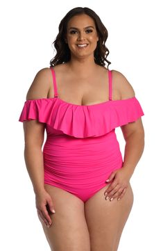 Model is wearing a pop pink colored one piece swimsuit from our Best-Selling Island Goddess collection. Feminine Fitted Ruffled Swimwear, Fitted Ruched Swimwear With Ruffled Straps, Fitted Off-shoulder Swimwear With Ruffles, Fitted Off-shoulder Ruffled Swimwear, Ruffles Drawing, One Piece Pop, Neckline Slimmer, Cold Shoulder Styles, Swimsuit Material