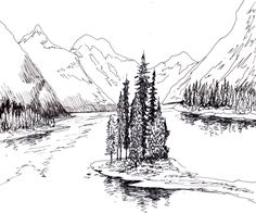 a black and white drawing of a lake with trees in the foreground, mountains in the background