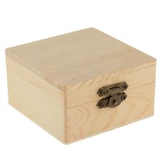 a small wooden box with metal latches on the front and sides, sitting on a white background