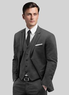 Immerse yourself in the realm of contemporary sophistication with our Gray Pinstripe Suit. Painstakingly crafted from a wool blend fabric, its subtle gray hue, accentuated by crisp white stripes, exemplifies the art of tasteful design. This suit ensures both comfort and elegance, offering supple fabric that lets you move with ease. Whether you choose to don it for an enchanting wedding or a professional conference, it's a versatile and stylish choice for any event. 
 
Look Includes   Gray Pinstr Fitted Pinstripe Outerwear For Semi-formal Occasions, Tailored Wool Pinstripe Outerwear, Semi-formal Striped Outerwear With Welt Pockets, Striped Fitted Outerwear With Notch Lapel, Striped Semi-formal Outerwear With Welt Pockets, Striped Fitted Outerwear With Suit Collar, Fitted Striped Wool Outerwear, Fitted Striped Outerwear With Suit Collar, Striped Fitted Outerwear For Business Casual