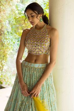 Mirrorwork Lehenga, Lehenga With Mirror Work, Mint Green Lehenga, Yellow Dupatta, Mirror Work Blouse, Lehenga Designs Simple, Work Lehenga, Lehenga Blouse Designs, Fashionable Saree Blouse Designs