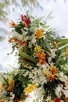 an arrangement of tropical flowers and greenery on a tree branch with sky in the background