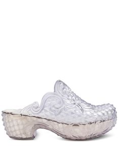 optical white transparent design round toe slip-on style branded insole mid block heel platform sole Summer Clogs With Translucent Outsole, Spring Clogs With Translucent Outsole And Round Toe, Modern White Platform Mules, Modern White Platform Clogs, Clear Heel Shoes, Clear Mules, Project X, Platform Block Heels, Y Project