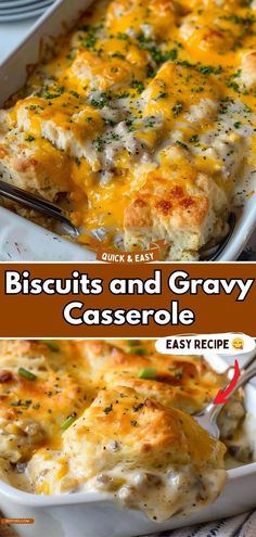 biscuits and gravy casserole in a white dish