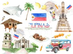 watercolor philippines cliparts set with different items and colors on the paper background