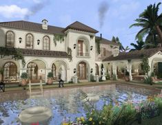 an artist's rendering of a mansion with a fountain