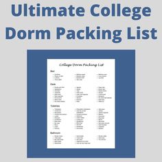 the ultimate college dorm packing list is shown in this blue and white book with an image of