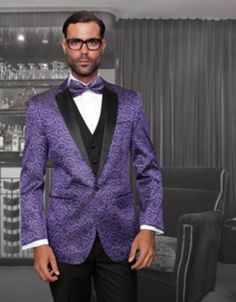 SKU#PN-1M 1 Button Sharkskin Paisley Tuxedo Dinner Jacket Blazer + Black Vest & Pants ( Mens Suit) With Black Trimed Notch Collar Purple $250 Purple Suits For Men, Paisley Tuxedo, Mens Suits Black, Black Pinstripe Suit, Zoot Suit, Purple Suits, Italian Suit, Dinner Jacket, Purple Jacket