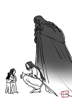 a black and white drawing of a woman kneeling down next to a man in a cloak