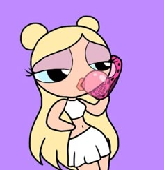 a cartoon character holding a donut in her hand