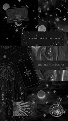 black and white collage with stars, planets, and other things in the sky