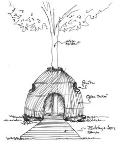 a drawing of the inside of a yurt that is made out of wood and wire