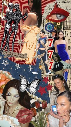 the collage has many different pictures and words on it, including an image of a woman