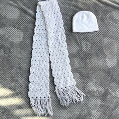 White Scarf Crochet Hand Made Excellent Quality And Condition Comes With A Matching White Knit Beanie Both Nwot Fitted White Crochet Hat For Winter, Fitted White Crochet Winter Hat, Fitted White Crochet Hat Casual, White Handmade Crochet Hat Fitted, Fitted White Hand Knitted Crochet Hat, Casual White Crochet Knit Hat, White Scarves, Handcrafted Accessories, Knit Beanie