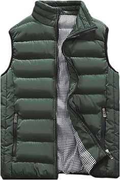 Men's Outdoor Casual Quilted Vest Stand Collar Warm Puffer Vest (L) Army Green Stand collar design to increase your visual height and keep your neck warm. Shell: 100% Polyester; Lining: 100% Polyester; Filling: 100% Polyester Imported Zipper closure Machine Wash Soft elastic cuffs and waistband to keep the cold air out and keep you warm. Three Pockets-2 hand pockets with zippers to keep your items safe and your hands warm. Stylish Waistcoats, Mens Vest Casual, Vetements Shoes, Jacket 2022, Outfit Outdoor, Athleisure Winter, Men Winter Jacket, Men Coat, Sleeveless Puffer