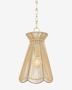 a light fixture with a chain hanging from the bottom and an open shade on top