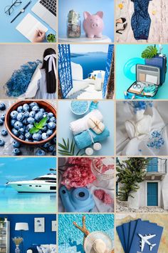 blue and white collage with various items