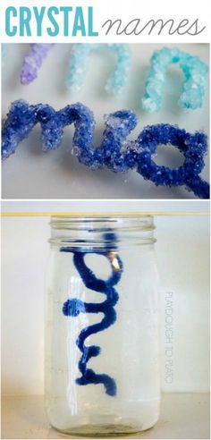 some jars that have blue and purple beads in them with the words crystal names on them