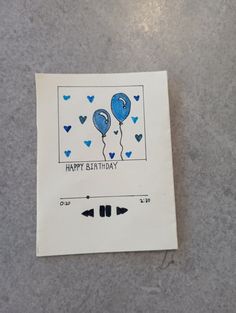 a piece of paper with some blue balloons on it and the words happy birthday written on it