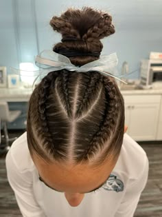 Braids Gymnastics, Braided Hairstyles Basketball, Cute Hairstyles For Gymnastics, Powder Puff Hairstyles, Gymnastics Meet Hair Buns, Braids Into High Bun, Cute Hairstyles For Basketball, Basketball Hairstyles Curly Hair, Gymnastics Hairstyles