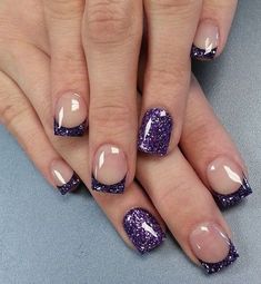 French Nail Art designs are minimal yet stylish Nail designs for short as well as long Nails. Here are the best french manicure ideas, which are gorgeous. Purple Nail Art Designs, Glitter French Manicure, French Manicure Designs, Purple Nail Art, French Tip Nail Designs, French Nail Designs