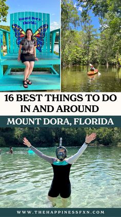 top left photo: Iconic Lighthouse Park chair; top right photo: Kayaking the Doral Canal; bottom photo: Snorkeling at Alexander Springs Recreation Area in Florida Mount Dora Florida Things To Do, Florida Campgrounds, Travel Therapy