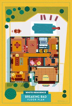 an overhead view of a house with the floor plan in blue and yellow, which includes two separate rooms