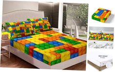 there is a bed with colorful blocks on it