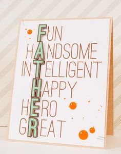 a greeting card with the words fun, handsome and intelligent in happy hero great written on it