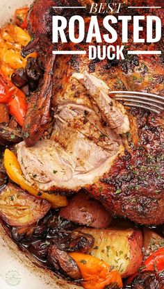 roasted duck with roasted vegetables in a white bowl on a wooden table, with the title overlay