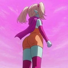 an anime character with long blonde hair standing in front of a purple and pink sky