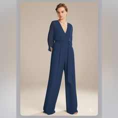 Brand: Aw Bridal Color: Navy Fabric: Chiffon Hemline: Floor Length Neckline: V-Neck Back Detail: Side Zipper Straps Sleeves: 3/4 Sleeves Lining : Built In Bra Size: 24 Bust: 53” Waist: 48” Hip: 56.5” Hollow To Hem: 61” Blue Long Sleeve Jumpsuit For Formal Occasions, Bridal Pants, Fashion Style Outfits, Navy Jumpsuit, Blue Jumpsuit, Jumpsuit Fashion, Romper Pants, Mode Inspiration, Style Outfits