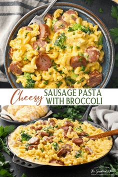 sausage pasta with broccoli and cheese in a skillet on a black table