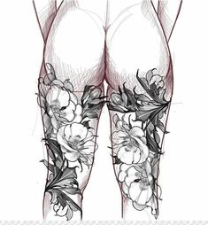 the legs with flowers on them are drawn in black and white tattoo art, hd png