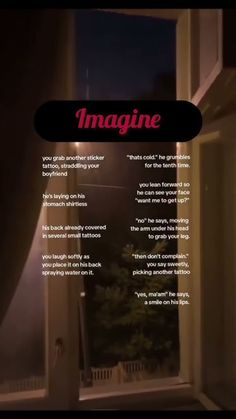 an open window with the words imagine written on it in front of a dark background